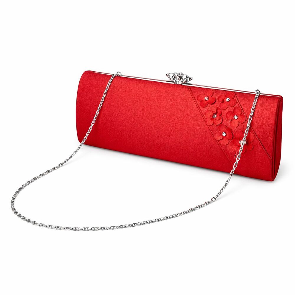 Red Satin Evening Clutch Bag Floral Rhinestone Womens Formal Handbag Chain Strap